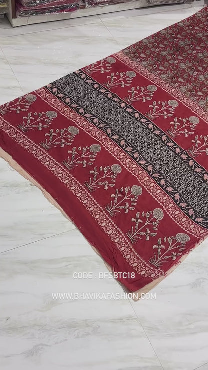 Premium Mul Cotton Hand Block Printed Saree With Blouse Piece  -BFSBTC39
