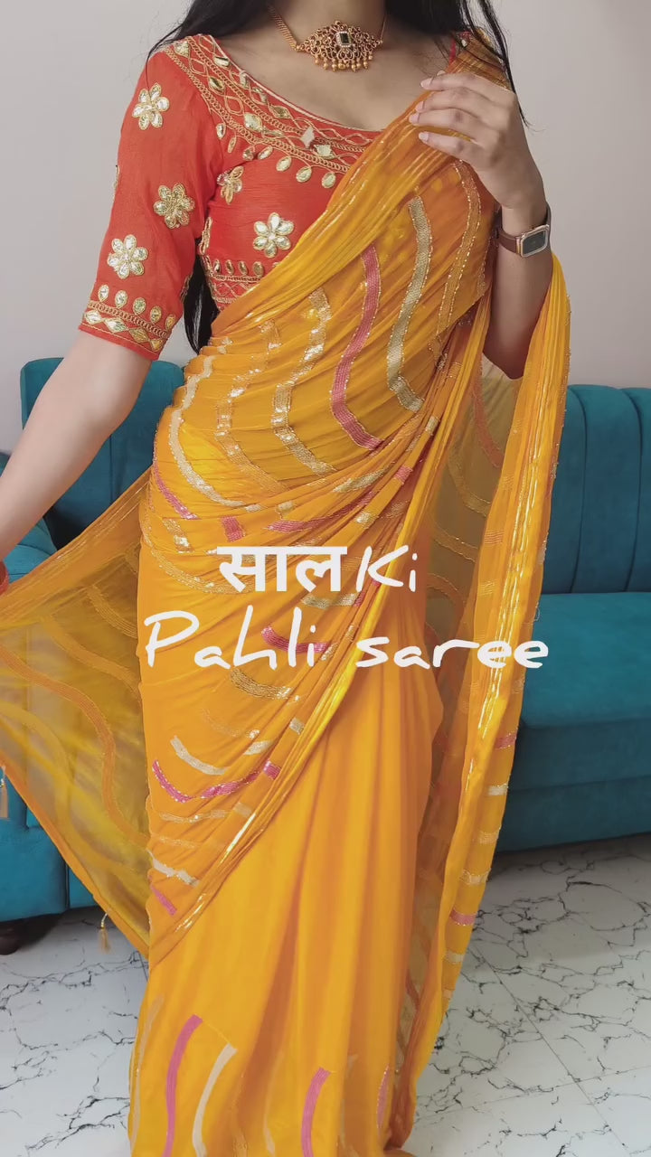 Chiffon Hand  Work Best Quality Saree With Blouse BFSMJ110