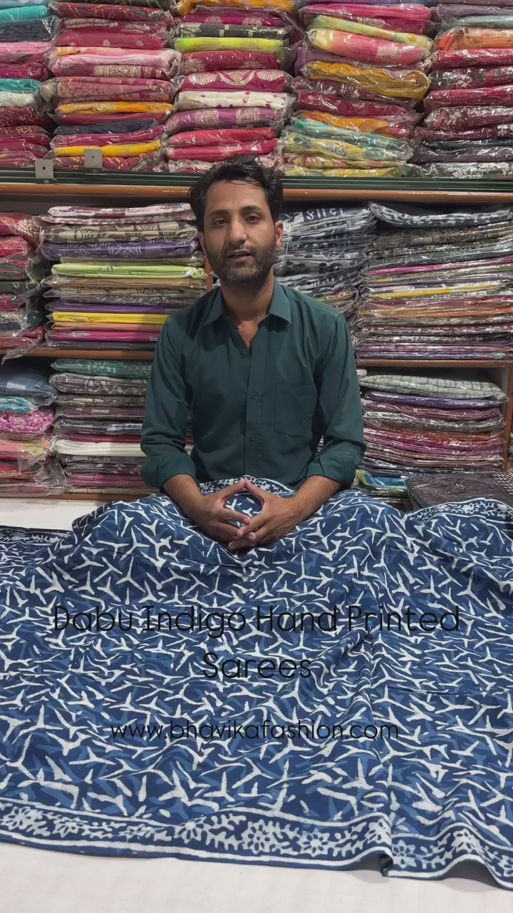 Indigo Dabu Hand Block Printed Cotton Saree With Blouse Piece - BFSGC65