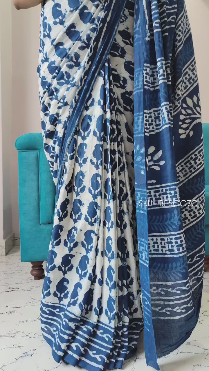 Indigo Dabu Hand Block Printed Cotton Saree With Blouse Piece - BFSGC70