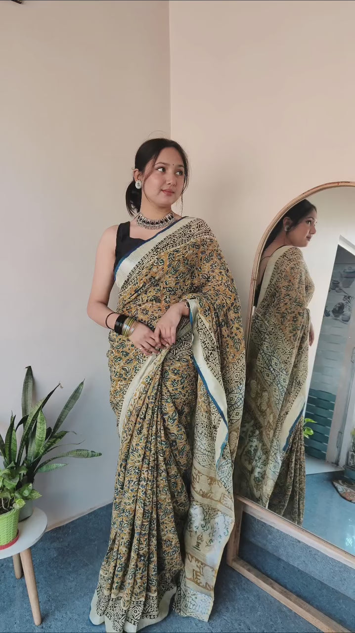 Bagru Hand Block Printed Saree In Linen Cotton With Blouse Piece - BFSGLC51