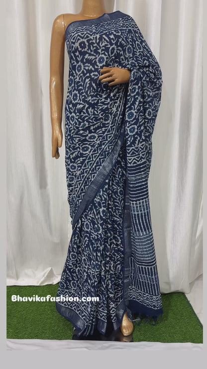Indigo Hand Block Printed Saree In Linen Cotton With Blouse Piece - BFSGLC66
