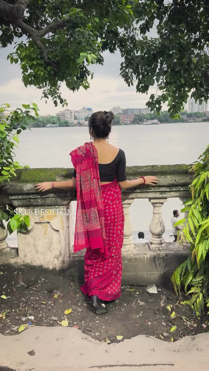 Premium Mul Cotton Hand Block Printed Saree With Blouse Piece - BFSBTC20