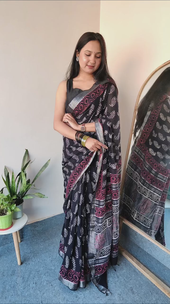 Bagru Hand Block Printed Saree In Linen Cotton With Blouse Piece - BFSGLC48