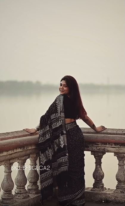 Black & White Bagru Linen Cotton Hand Block Saree With Blouse Piece - BFSGLCA2