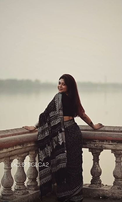 Black & White Bagru Linen Cotton Hand Block Saree With Blouse Piece - BFSGLCA2
