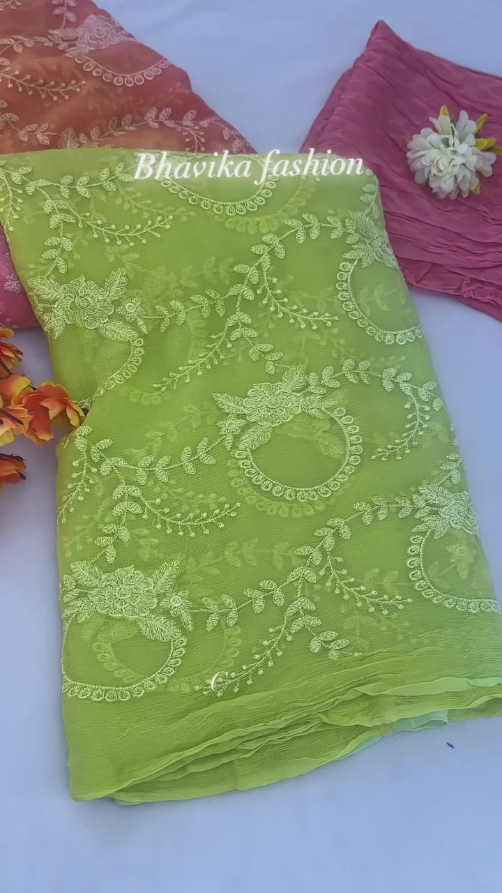 Pure Chiffon Embrodary Jaal Work Best Quality Saree With Blouse BFSLA14