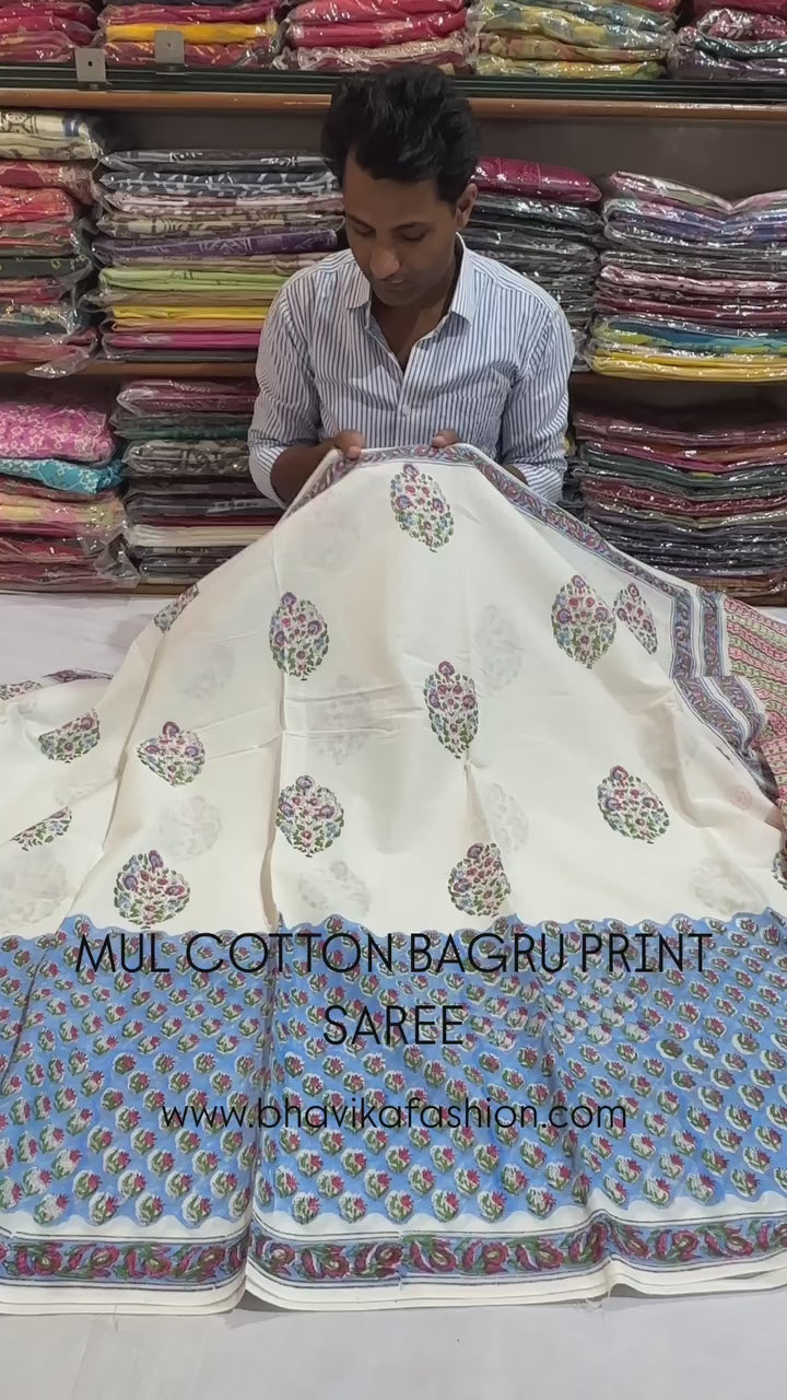 Bagru Cotton Hand Block Printed Saree With Blouse Piece - BFSGC13