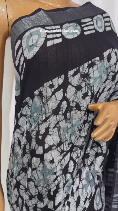Batik Hand Block Printed Saree In Linen Cotton With Blouse Piece - BFSGLC57