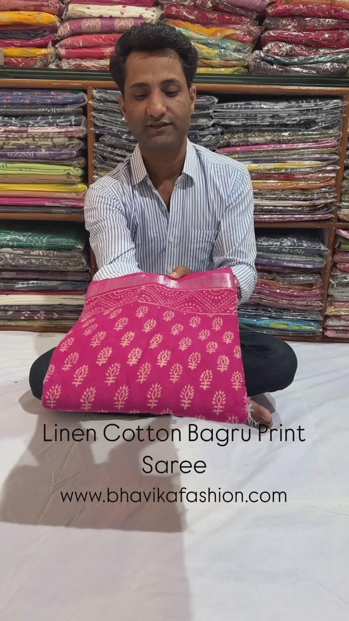 Bagru Hand Block Printed Saree In Linen Cotton With Blouse Piece - BFSGLC79