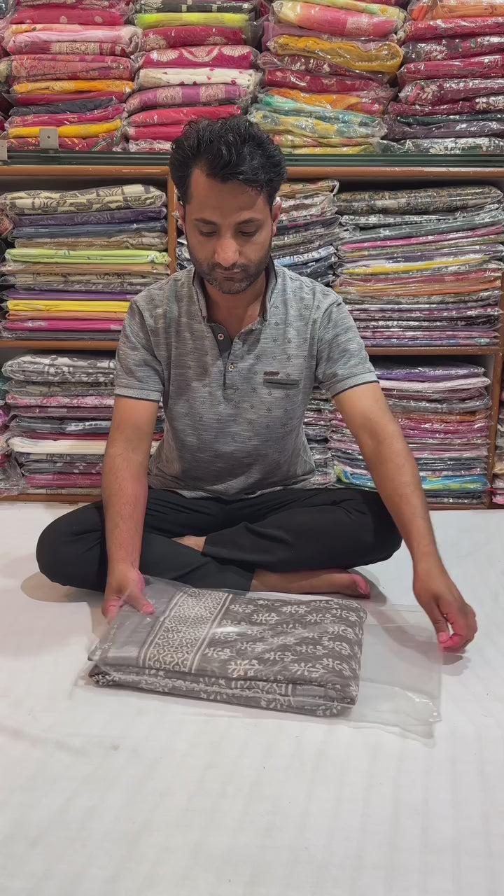 Dabu Hand Block Printed Saree In Linen Cotton With Blouse Piece - BFSGLC62