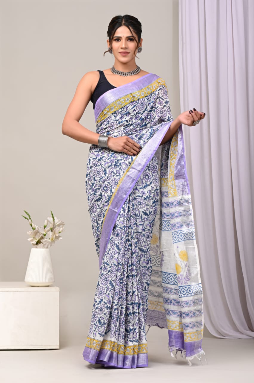 Bagru Hand Block Printed Saree In Linen Cotton With Blouse Piece - BFSGLC25