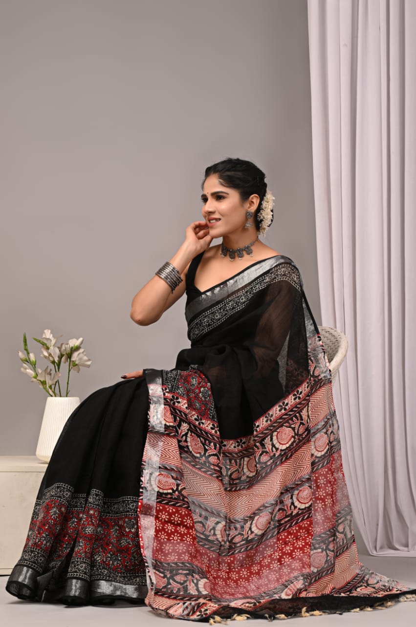 Bagru Hand Block Printed Saree In Linen Cotton With Blouse Piece - BFSGLC13