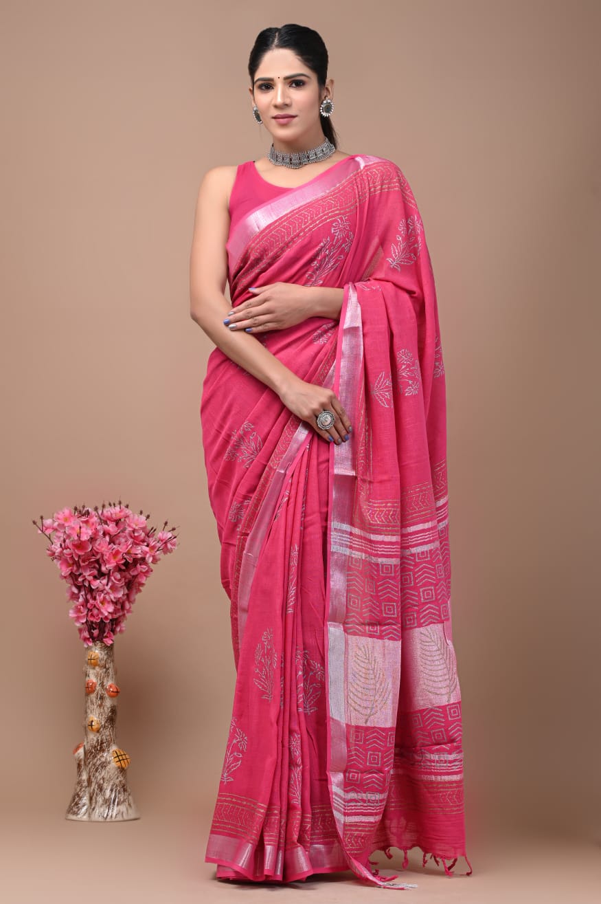 Bagru Hand Block Printed Saree In Linen Cotton With Blouse Piece - BFSGLC40