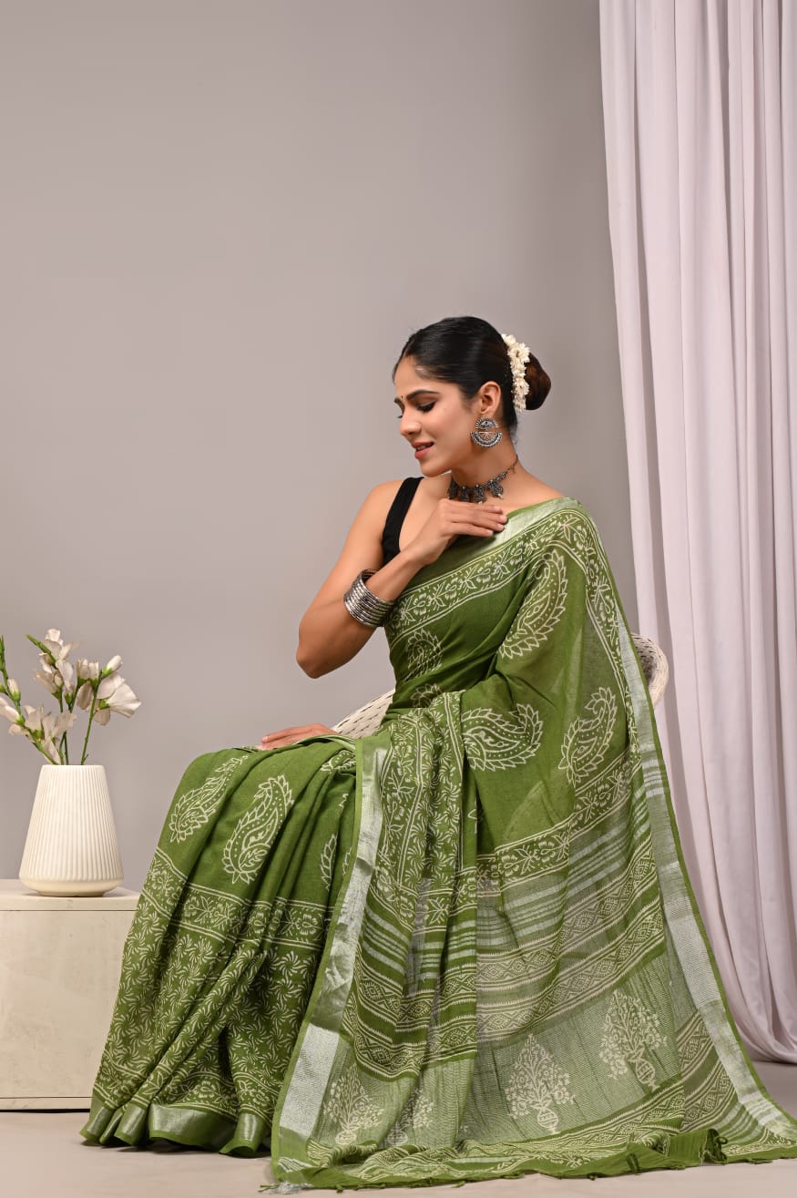 Bagru Hand Block Printed Saree In Linen Cotton With Blouse Piece - BFSGLC20
