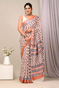 Bagru Hand Block Printed Saree In Linen Cotton With Blouse Piece - BFSGLC36