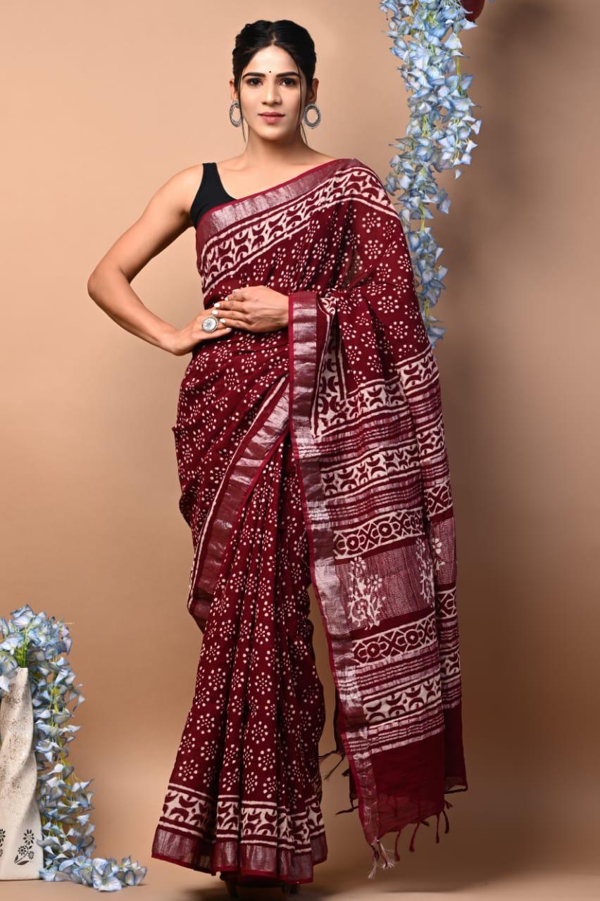 Bagru Hand Block Printed Saree In Linen Cotton With Blouse Piece - BFSGLC31