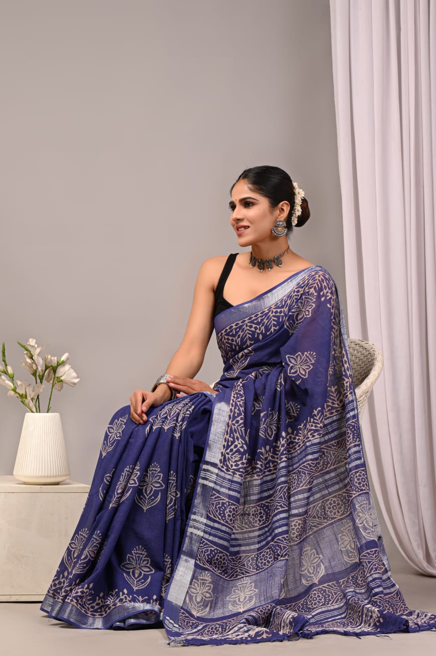 Bagru Hand Block Printed Saree In Linen Cotton With Blouse Piece - BFSGLC21