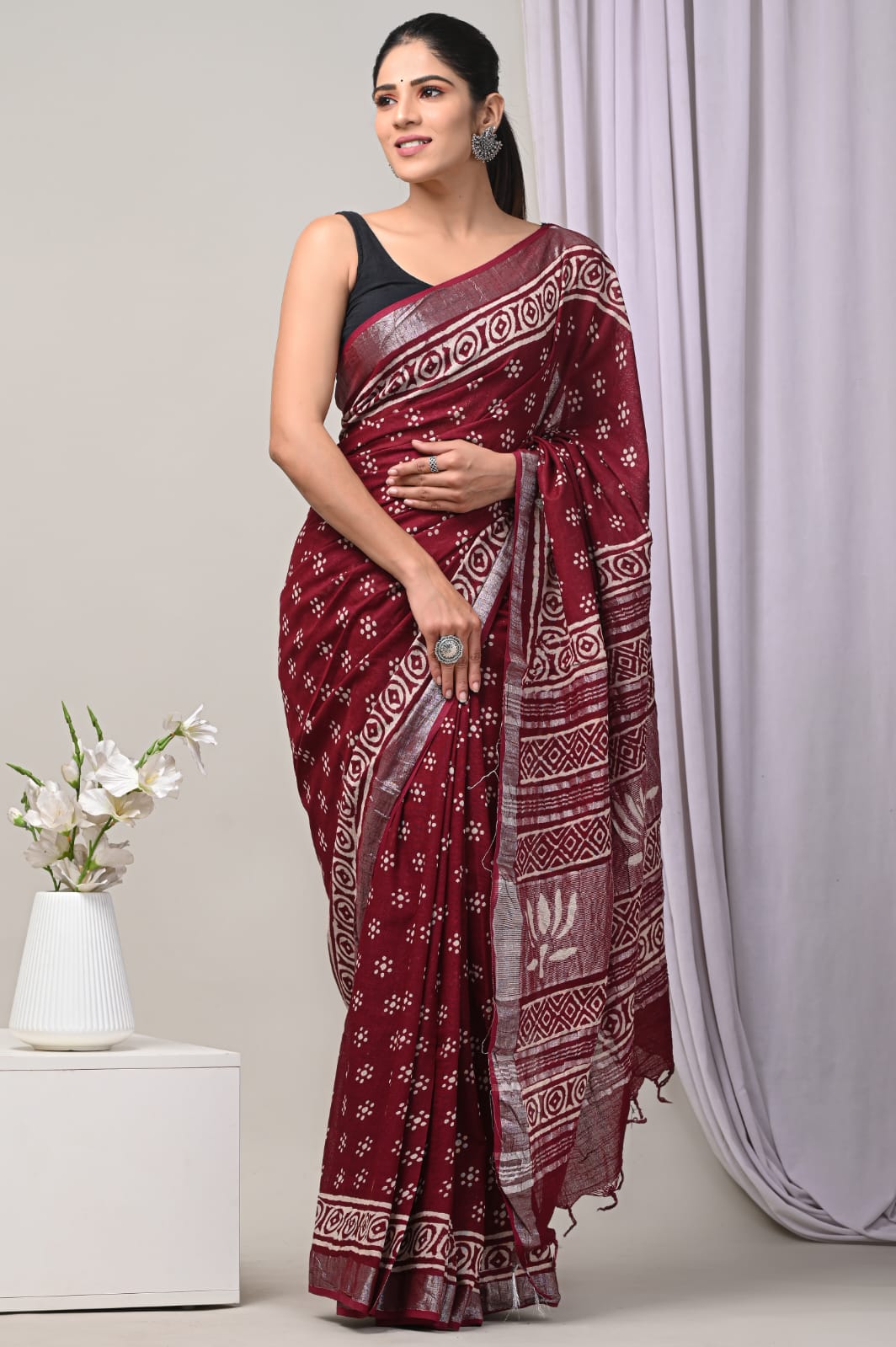 Bagru Hand Block Printed Saree In Linen Cotton With Blouse Piece - BFSGLC26
