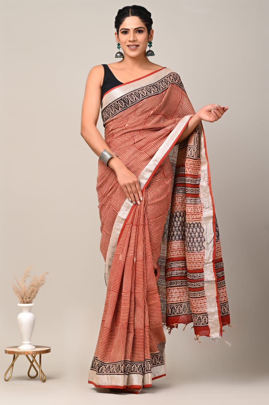 Bagru Hand Block Printed Saree In Linen Cotton With Blouse Piece - BFSGLC34