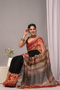 Bagru Hand Block Printed Saree In Linen Cotton With Blouse Piece - BFSGLC16
