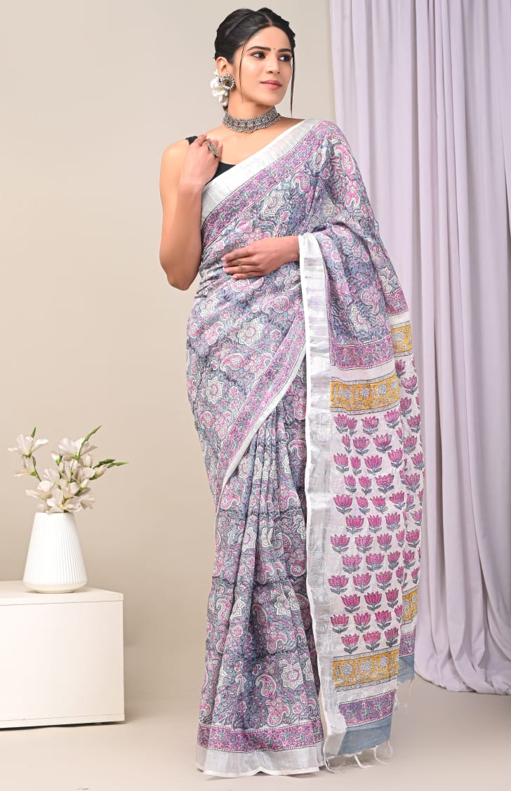 Bagru Hand Block Printed Saree In Linen Cotton With Blouse Piece - BFSGLC38