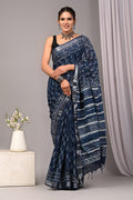 Bagru Hand Block Printed Saree In Linen Cotton With Blouse Piece - BFSGLC27