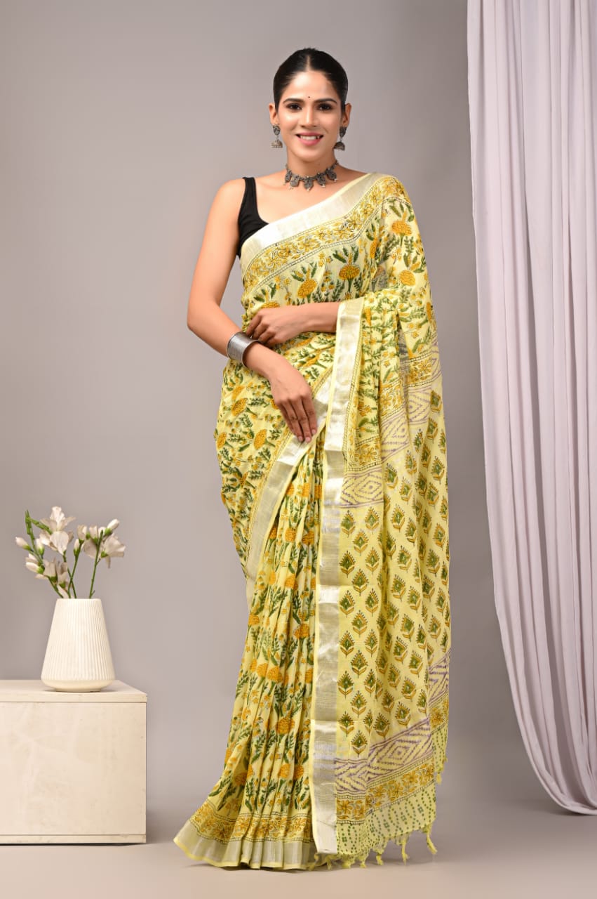 Bagru Hand Block Printed Saree In Linen Cotton With Blouse Piece - BFSGLC32