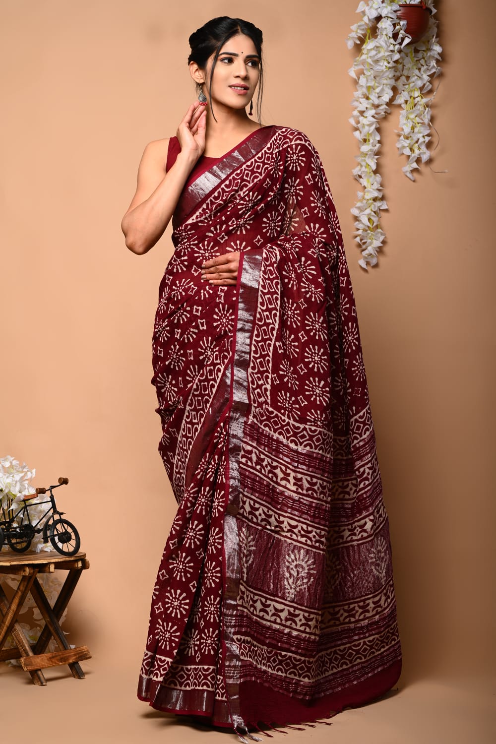 Bagru Hand Block Printed Saree In Linen Cotton With Blouse Piece - BFSGLC29