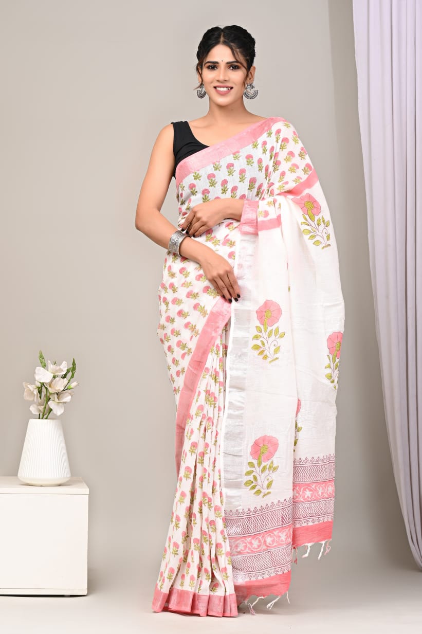 Bagru Hand Block Printed Saree In Linen Cotton With Blouse Piece - BFSGLC24