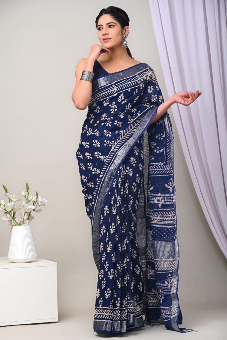 Bagru Hand Block Printed Saree In Linen Cotton With Blouse Piece - BFSGLC30