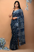 Bagru Hand Block Printed Saree In Linen Cotton With Blouse Piece - BFSGLC35