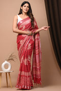 Bagru Hand Block Printed Saree In Linen Cotton With Blouse Piece - BFSGLC39