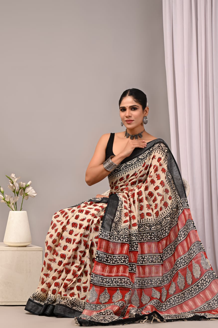 Bagru Hand Block Printed Saree In Linen Cotton With Blouse Piece - BFSGLC22