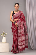 Bagru Hand Block Printed Saree In Linen Cotton With Blouse Piece - BFSGLC42