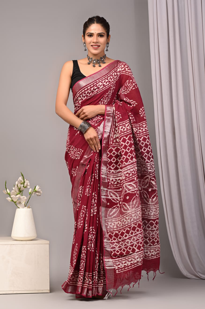 Bagru Hand Block Printed Saree In Linen Cotton With Blouse Piece - BFSGLC42