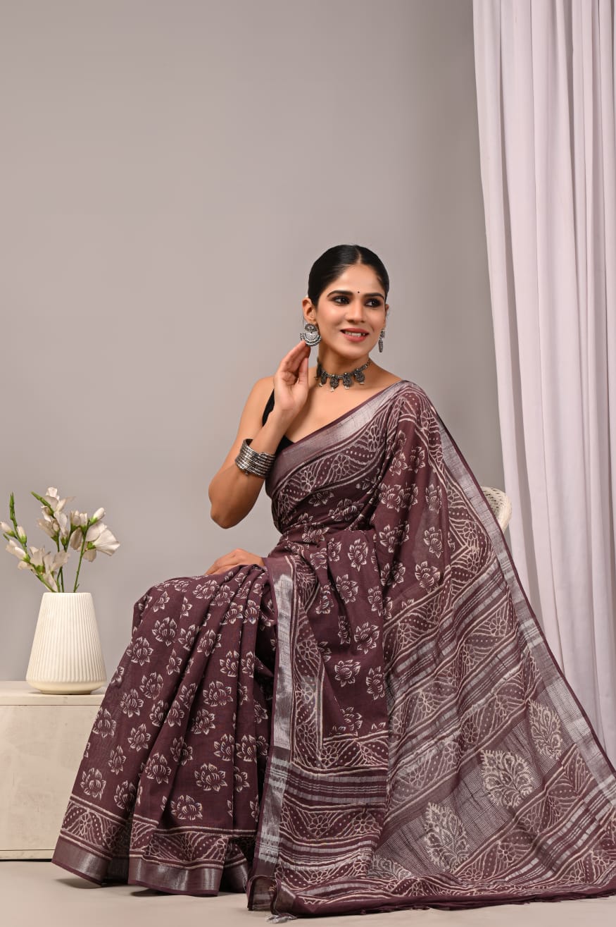 Bagru Hand Block Printed Saree In Linen Cotton With Blouse Piece - BFSGLC19