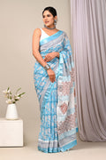 Bagru Hand Block Printed Saree In Linen Cotton With Blouse Piece - BFSGLC43