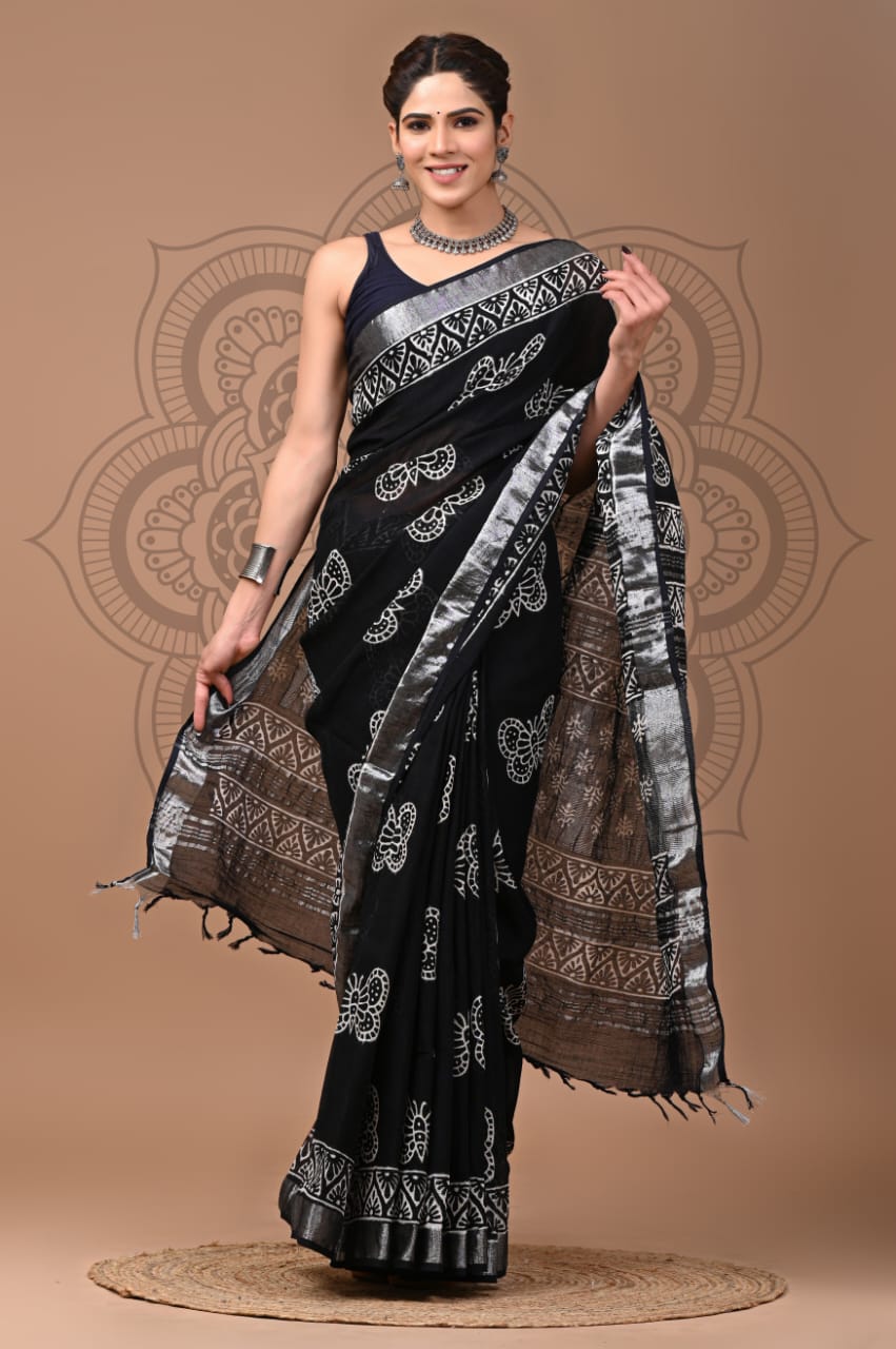 Bagru Hand Block Printed Saree In Linen Cotton With Blouse Piece - BFSGLC37