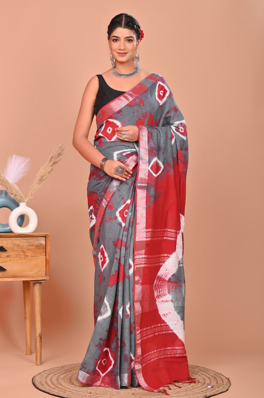 Shibori / Tye-dye Linen Cotton Saree With Blouse Piece - BFSGLC74