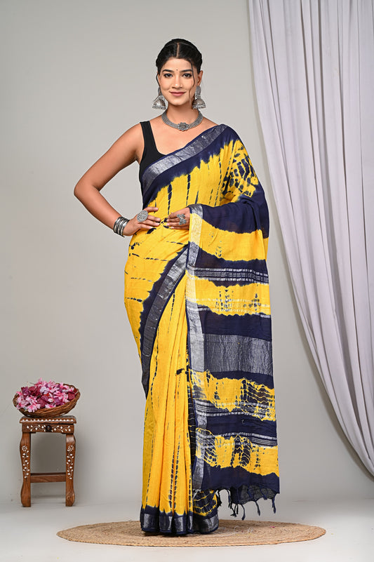 Shibori / Tye-dye Linen Cotton Saree With Blouse Piece - BFSGLC76