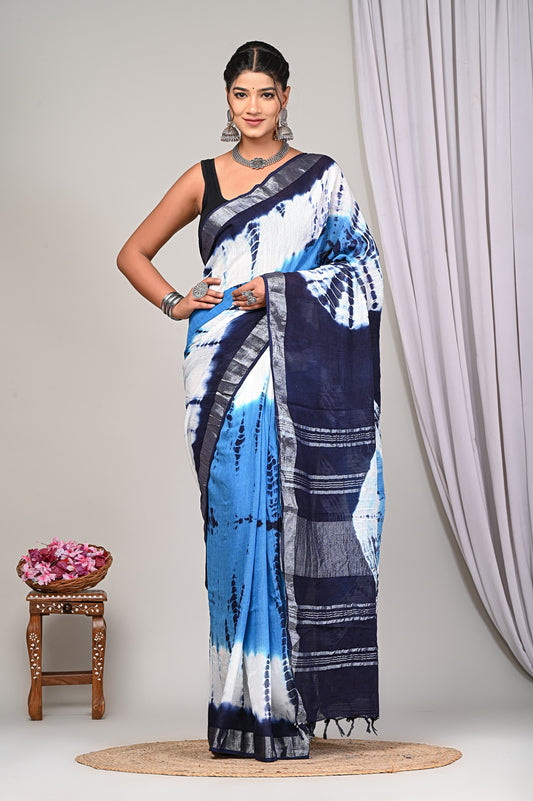 Shibori / Tye-dye Linen Cotton Saree With Blouse Piece - BFSGLC77