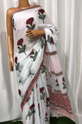 Maroon & White Floral Motifs Sanganeri Hand Block Printed Mul Cotton Saree With Blouse Piece
