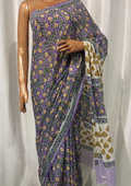 Lavender & Yellow Floral Buti Sanganeri Hand Block Printed Mul Cotton Saree With Blouse Piece